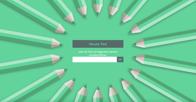 Klick öffnet Link: Grüne Startseite von Etherpad mit im Kreis angeordneten grünen Bleistiften