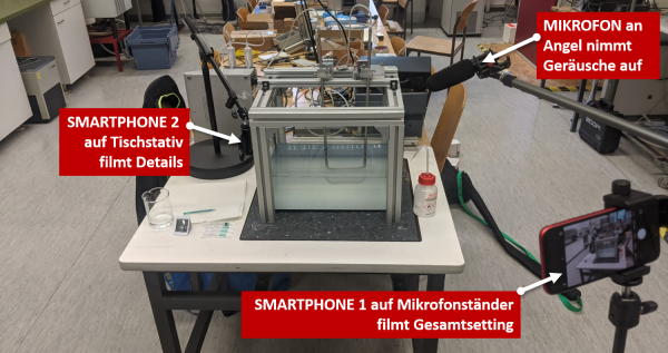  Blick in ein Labor mit kleinem Maschinenaufbau, Smartphone nimmt Video auf und Mikrofon nimmt Ton auf 