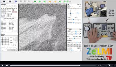  Bild-in-Bild-Funktion von Camtasia am Beispiel eines Elektronenmikroskops in groß und rechts daneben sind kleine Bilder der Bedienung und der Technik dahinter sichtbar